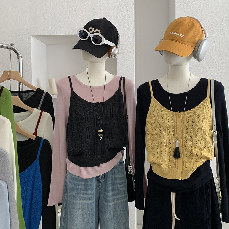 欧玛莱 2026早春新款针织吊带背心长袖上衣两件套叠穿套装女 6369