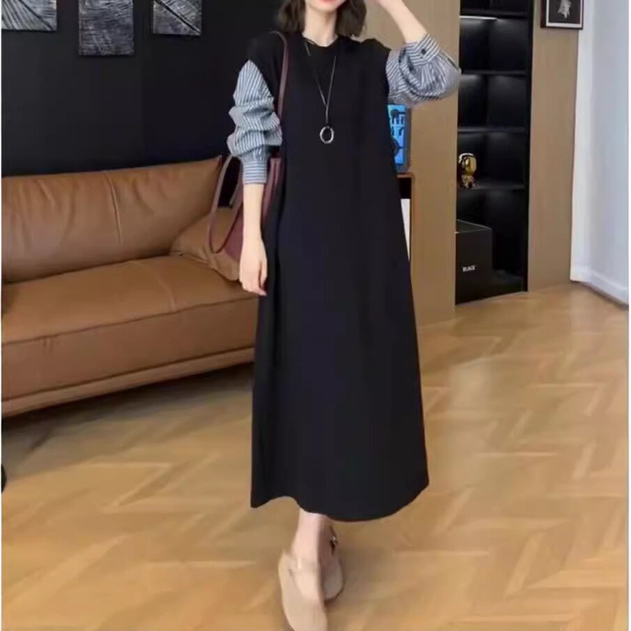 24810大爱美依缘2026秋季新款休闲拼接假两件连衣裙中长款宽松女
