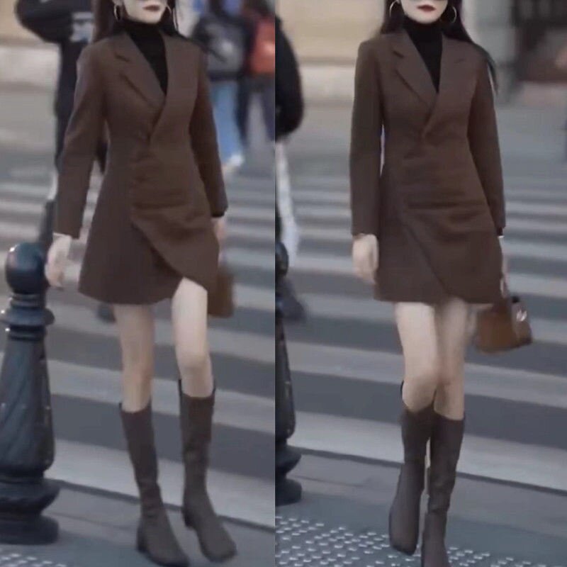 211010大爱美依缘2025秋冬新款翻领修身西装连衣裙长袖中长款显瘦