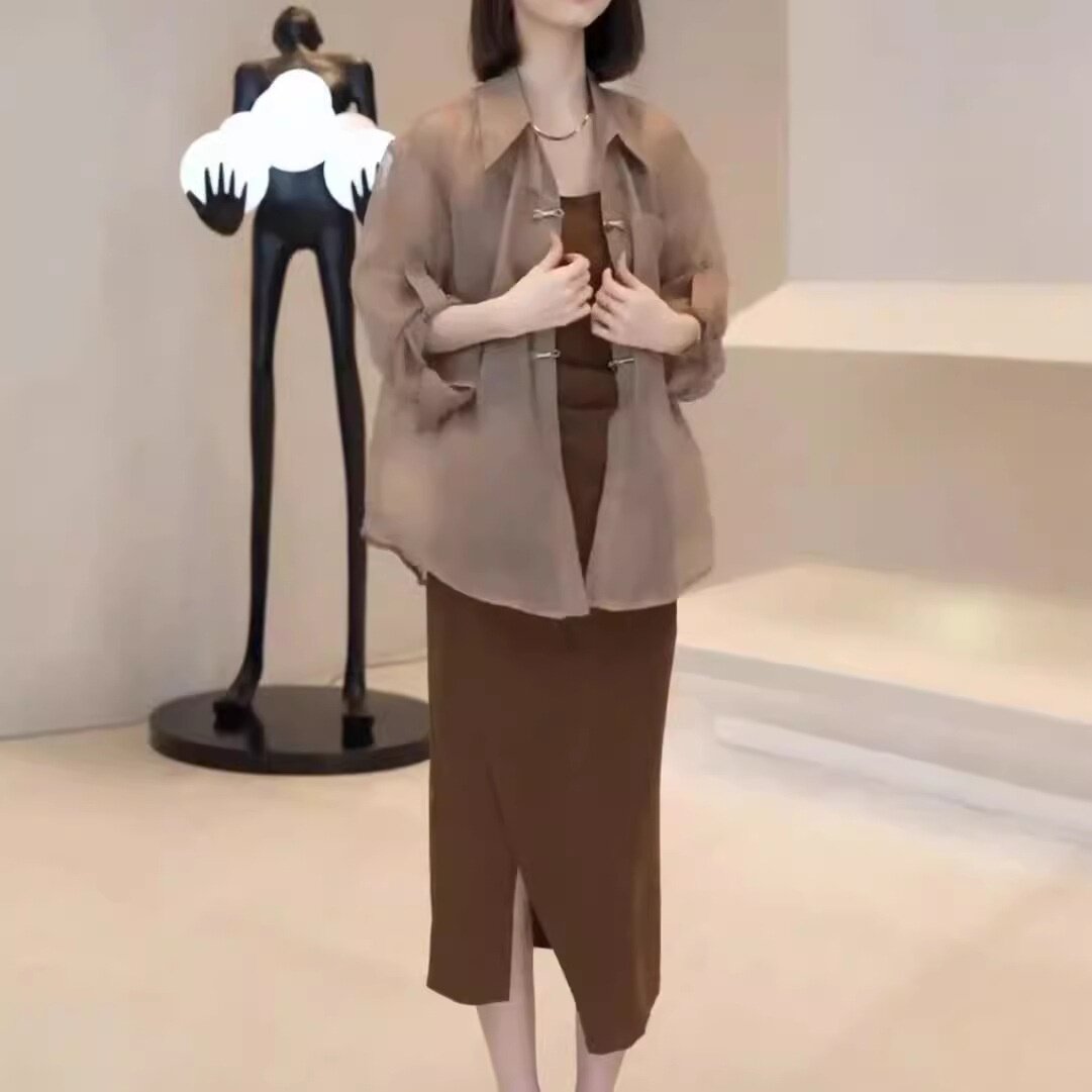24889大爱美依缘2026新款韩版开叉吊带修身连衣裙长袖衬衫外套女