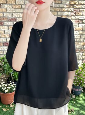 26新款夏季雪纺衫宽松百搭显瘦乔其纱法式高级感女士圆领短袖上衣