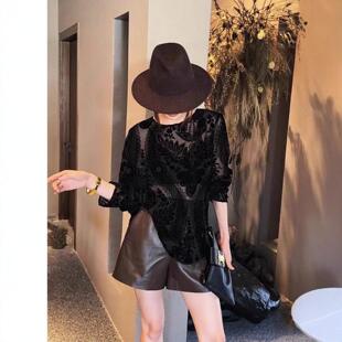 黑色蕾丝罩衫女春秋新款宽松中袖打底衫外搭上衣时尚百搭防晒衫
