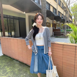 2026新款春款长袖条纹防晒服开衫女薄款外搭慵懒风针织上衣空调衫