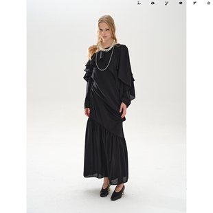 黑色 斜肩不规则设计连衣裙 Layers 立体层次褶皱花边