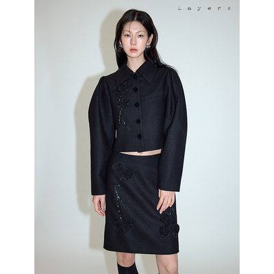 钉珠立体花朵黑色羊毛西装外套