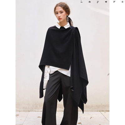 不规则大摆黑色羊毛呢斗篷外套