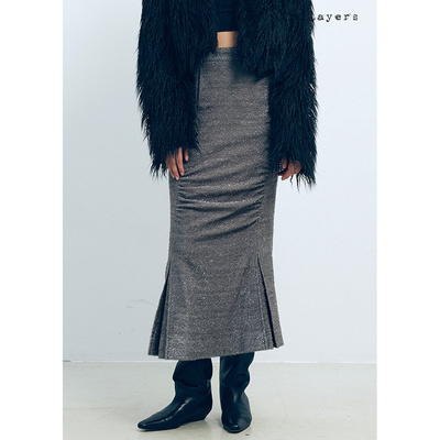 银灰光泽丝缕修身直筒半裙