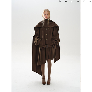 Layers 造型披肩春秋短风衣外套 深棕绿宽松灯笼袖