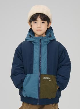 日系潮牌男童冬装拼色连帽棉服儿童cityboy拼接加厚保暖棉衣外套