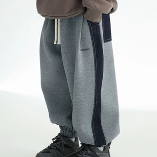 日系童装冬季男童一体绒牛仔拼接卫裤儿童宽松柔软加绒保暖运动裤