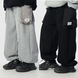 日系男童大口袋加绒卫裤2025冬季儿童宽松一体绒运动裤束脚长裤潮