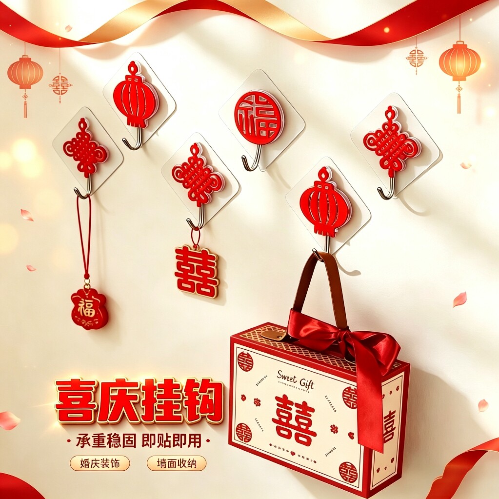 包邮婚庆用品结婚婚房花球等喜庆装饰配件 双喜强力背胶挂钩正喜