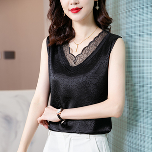 上衣 内搭提花打底桑蚕丝砍袖 蕾丝V领真丝吊带背心女外穿大码 西装