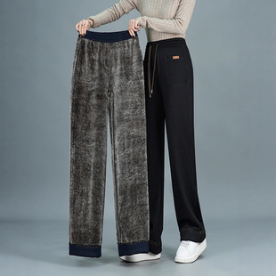 加绒加厚直筒休闲裤女秋冬新款高腰宽松减龄显瘦雪貂绒窄版阔腿裤
