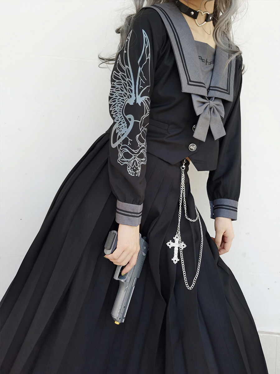 原创黑色不良jk制服重工刺绣水手服长袖80cm长裙二本中间服套装女