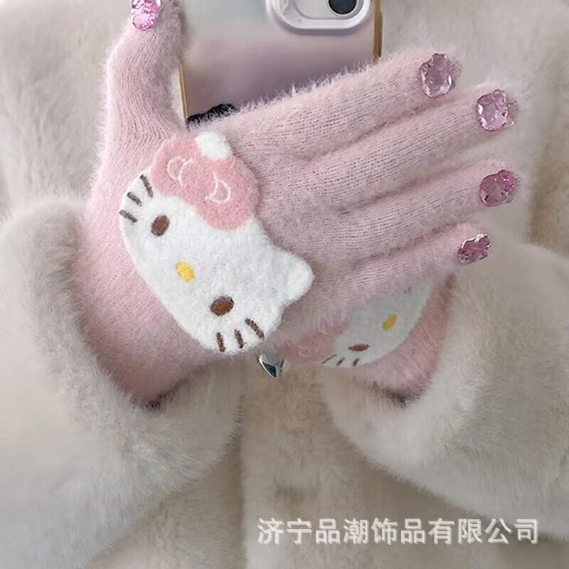 原创新款k猫咪立体钻毛绒手套保暖冬防冻卡通防寒学生骑行高颜值