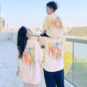 亲子装夏装一家三口四口涂鸦星星母子母女短袖t恤婴儿上衣全家装