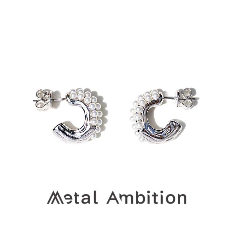 Metal Ambition纯银珍珠C型耳环女时尚气质独特设计耳饰