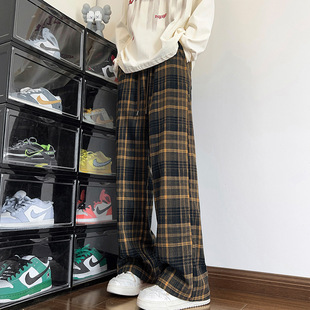 红色格子直筒裤子男士秋季新款美式高街运动裤休闲显瘦阔腿裤男款