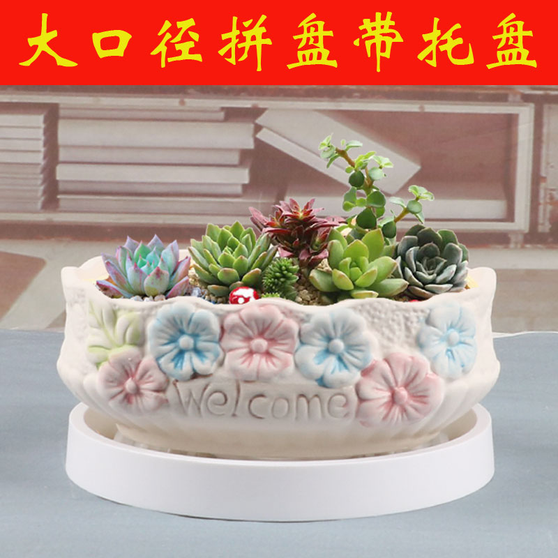 INS风多肉花盆陶瓷大口径花盆带托盘有孔简约粗陶会呼吸多肉拼盘