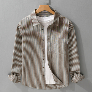 咖啡竖条纹长袖衬衫男秋季新款色织纯棉透气舒适宽松潮流休闲衬衣