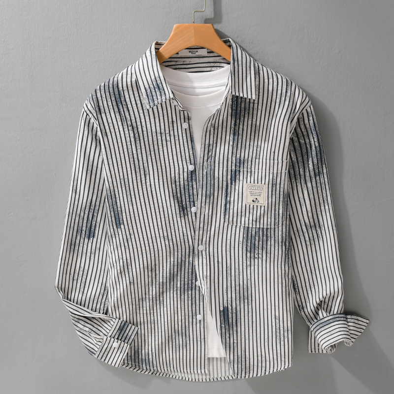 日系秋复古条纹印花休闲男款衬衫