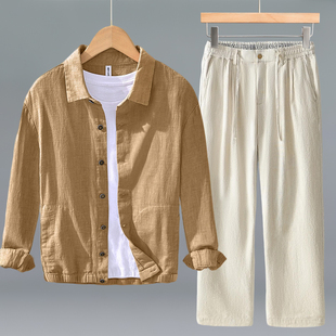 春秋夹克棉麻套装亚麻外套男款青年宽松休闲复古苎麻布长裤两件套