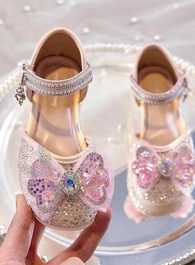 女童小高跟凉鞋2025夏季新款儿童公主鞋蓝色女宝蝴蝶结水晶鞋软底