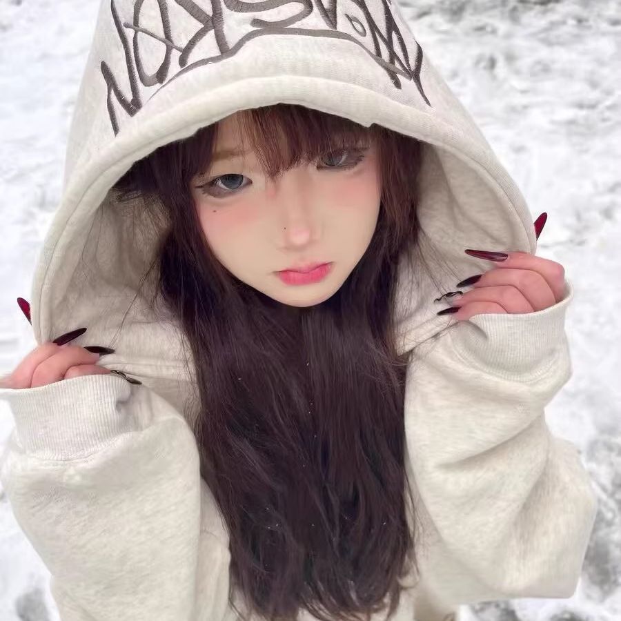 连帽卫衣女美式慵懒风秋冬季高街潮牌男女情侣宽松刺绣纯棉上衣