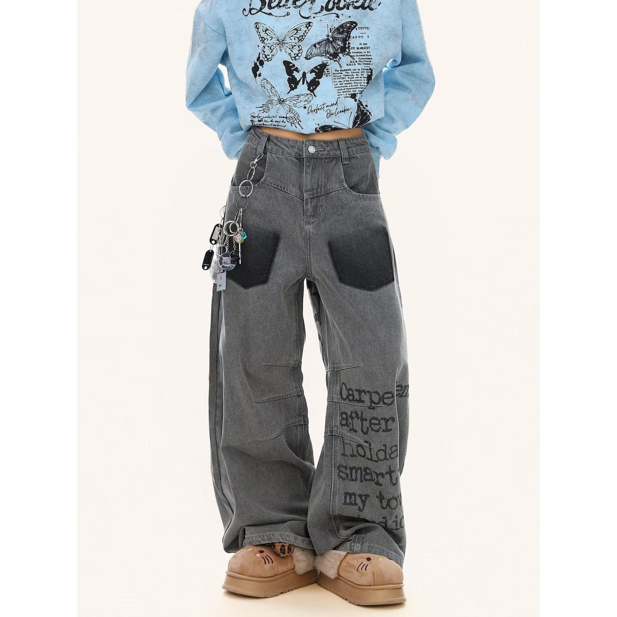 大码美式复古补丁拼接设计微喇牛仔裤女2025新款亚比风工装长裤潮