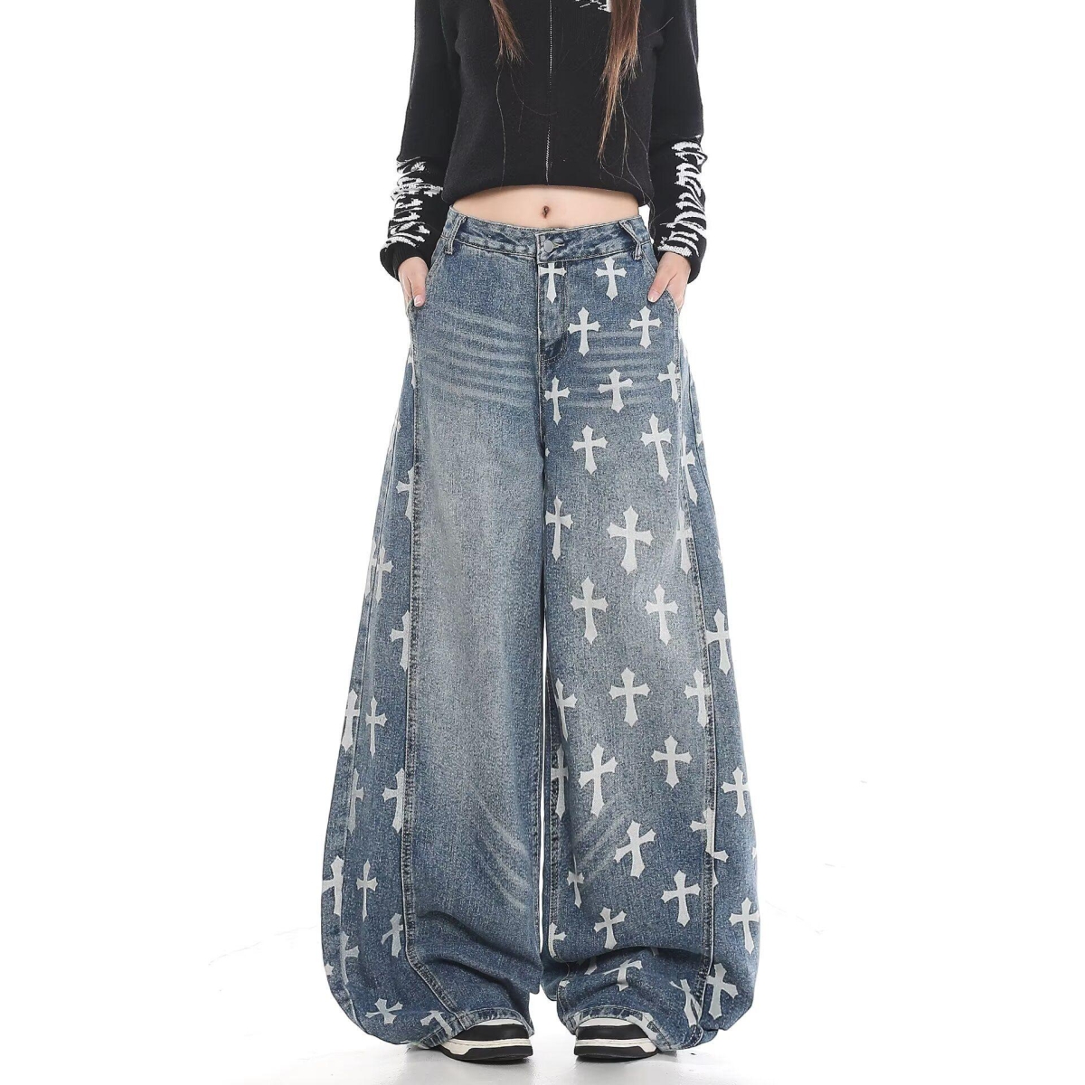 美式嘻哈十字架水洗弯刀牛仔裤男女情侣复古满印小众宽松阔腿裤子