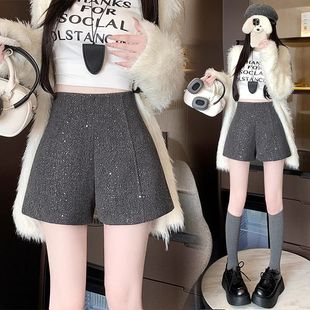 春秋冬毛呢a字配靴子外穿气质休闲宽松阔腿裤 黑色短裤 女2026新款