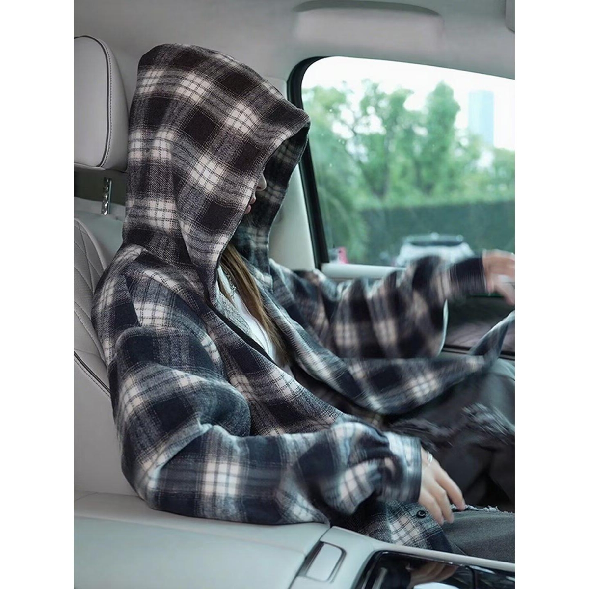 美式格子连帽衬衫外套男女秋季中长款慵懒风长袖衬衣外搭开衫卫衣