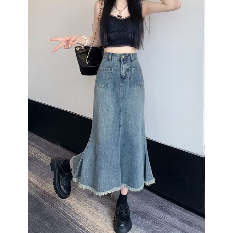 春夏新款复古牛仔半身裙女高腰显瘦遮肚毛边中长款a字鱼尾裙子潮