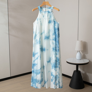 无袖 女夏季 荷叶边挂饰连衣裙 圆领挂脖吊带裙新款 云南手工扎染法式