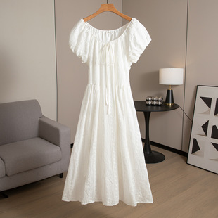 新款女装夏季短袖镂空绣花高档田园风泡泡袖连衣裙白色可扎染绵绸