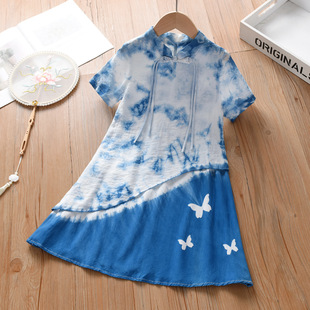 云南手工扎染新中式国风盘扣连衣裙女童新款母女亲子装假两件旗袍