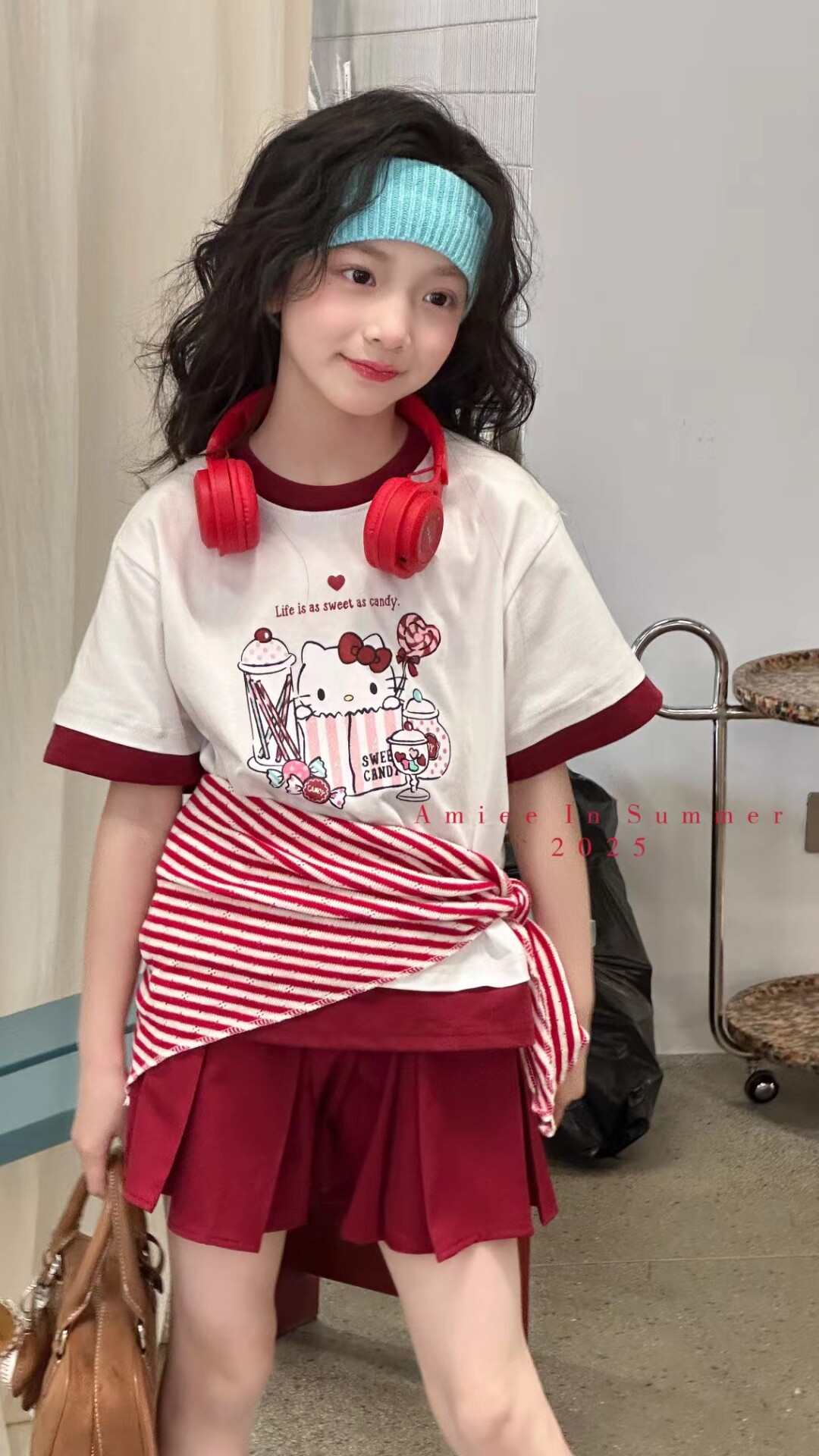 2025年春秋新款童装女童洋气百搭上衣儿童卡通印花kt猫T桖百褶裙