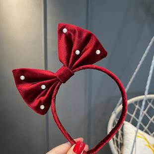 复古酒红色丝绒蝴蝶结儿童头箍秋冬气质女孩钉珠防滑头扣女童发饰