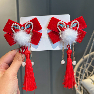 中国风汉服头饰女儿童醒狮发卡夹过新年女孩童红色蝴蝶结拜年发饰