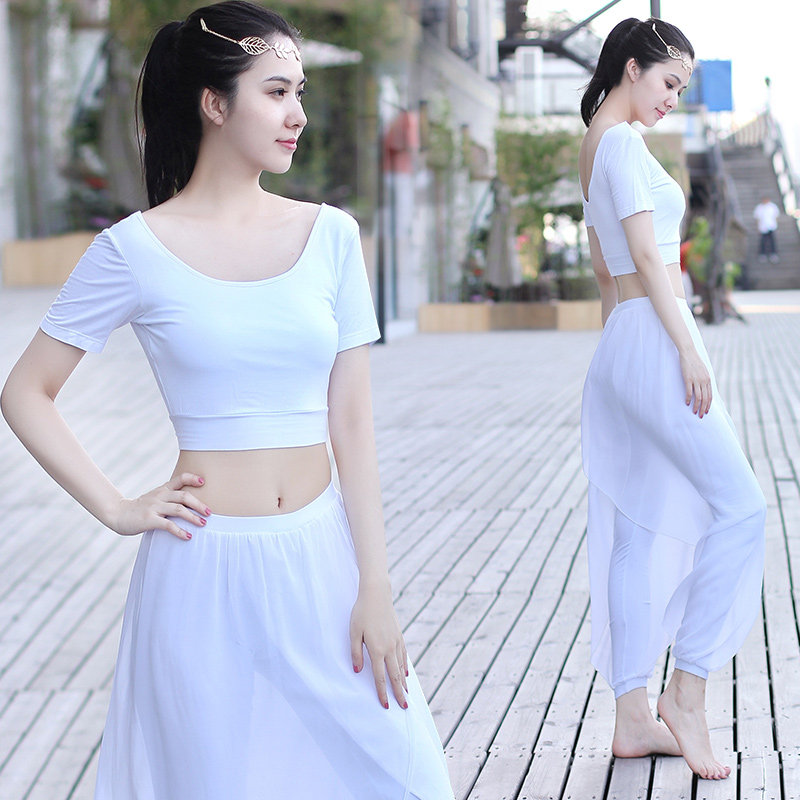 菩媞春夏季中袖莫代尔棉瑜伽服打底舞蹈假两件纱裤运动健身衣套装