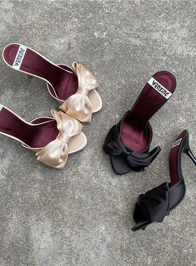 外贸大码鞋小众蝴蝶结高跟拖鞋法式凉拖穆勒半拖鞋高跟凉鞋夏外穿
