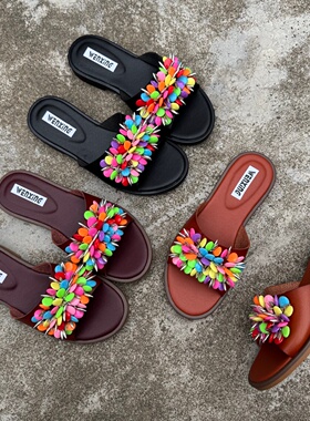 外贸大码鞋波西米亚串珠一字拖鞋女夏外穿新款平底凉拖凉鞋沙滩鞋