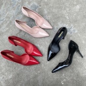 鞋 侧空裸色高跟鞋 女新春秋款 外贸大码 尖头漆皮职业细跟高跟单鞋 女