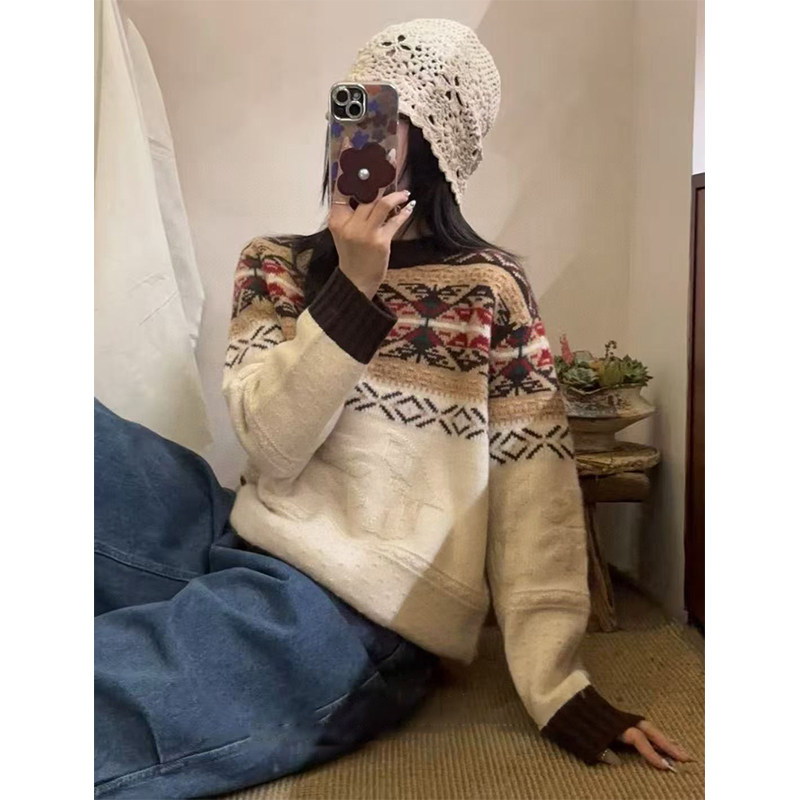 羊绒衫女100纯山羊绒费尔岛民族风圆领撞色拼接宽松提花加厚毛衣,女装/女士精品,羊绒衫,淘宝优惠券,粉丝福利购,淘宝优惠卷