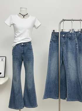 im向 超模蓝牛！360四面弹莱赛尔！十字刺绣设计修腿微喇牛仔裤女