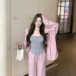 实拍实价~粉色连帽拉链卫衣外套女慵懒风松弛感宽松休闲上衣