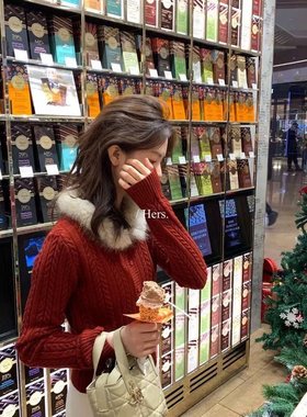 冬上新Hers简约日常可拆卸毛毛领麻花保暖毛衣配可拆卸毛毛