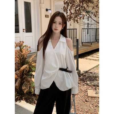 实拍 春季新款女装设计感上衣小衫纯色长袖衬衫女