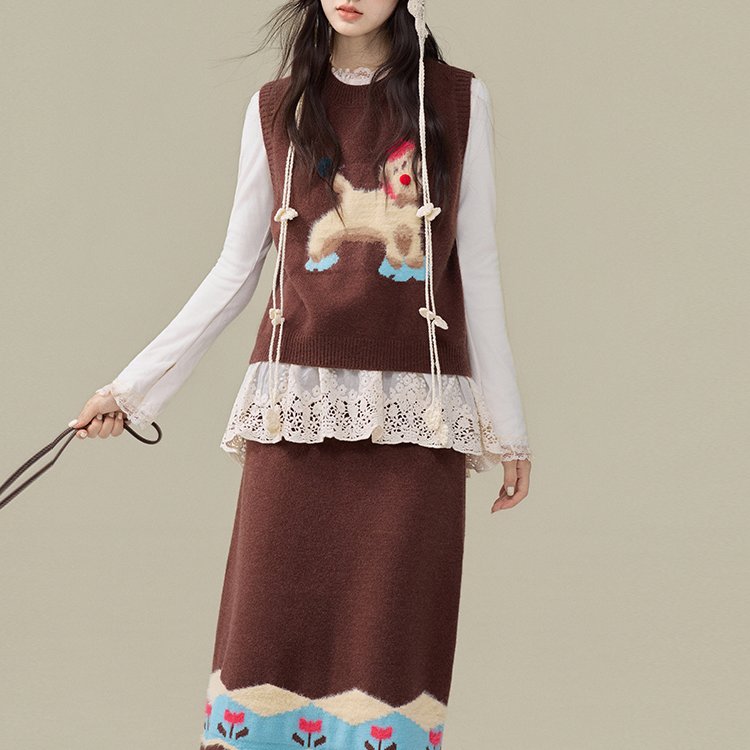 复古毛毛马甲半裙针织套装女秋冬新款软糯提花背心毛衣两件套